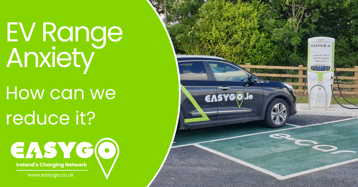 EV range anxiety - how can we reduce it text with an image of an EasyGo car by a charge point